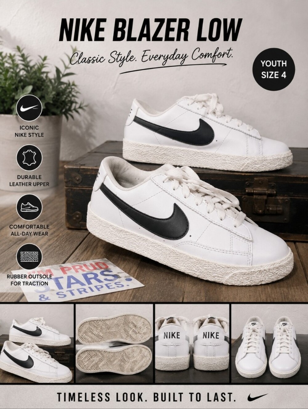 NIKE Blazer Low Leather Youth T4 Black White CZ7106-101